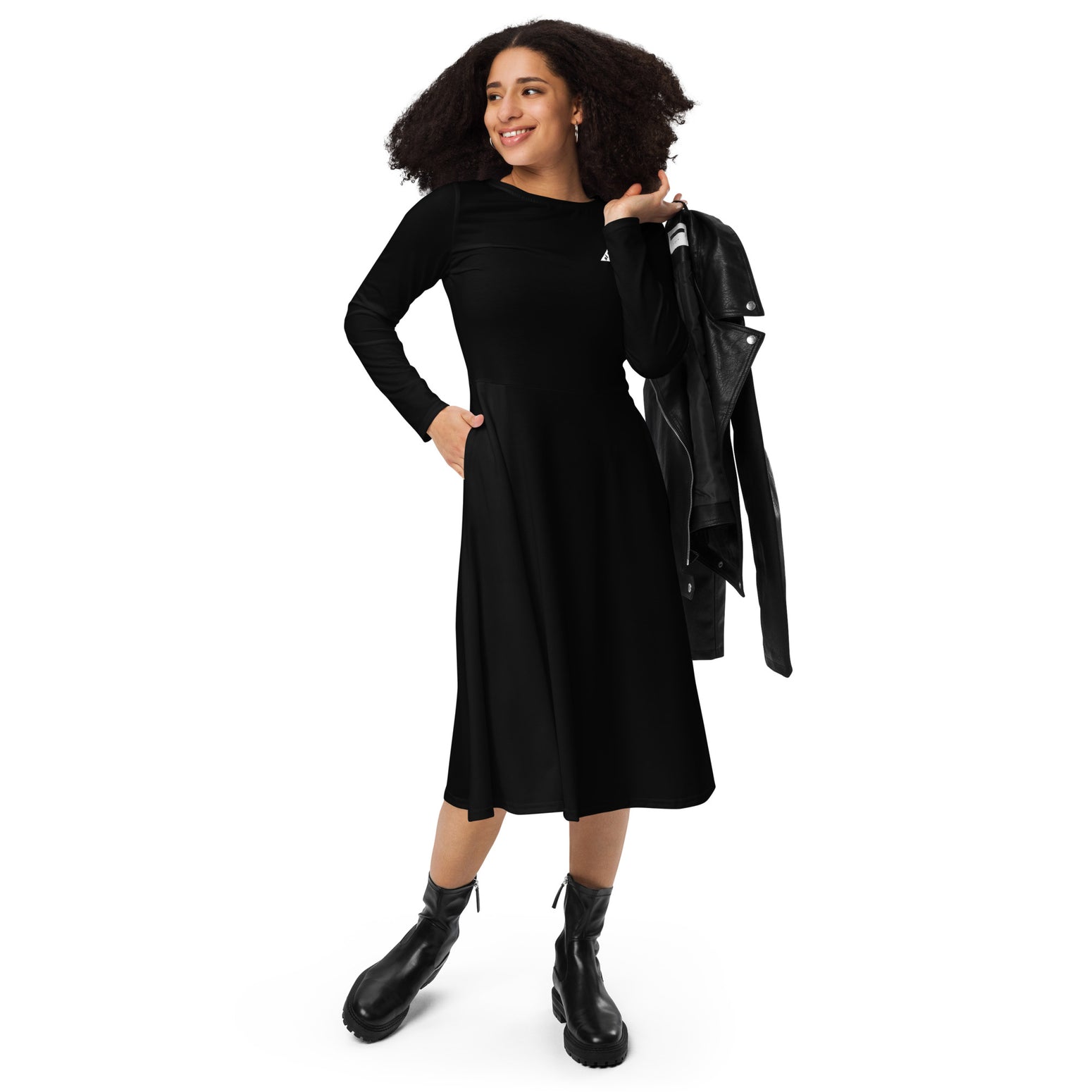 Black long sleeve midi dress - small print
