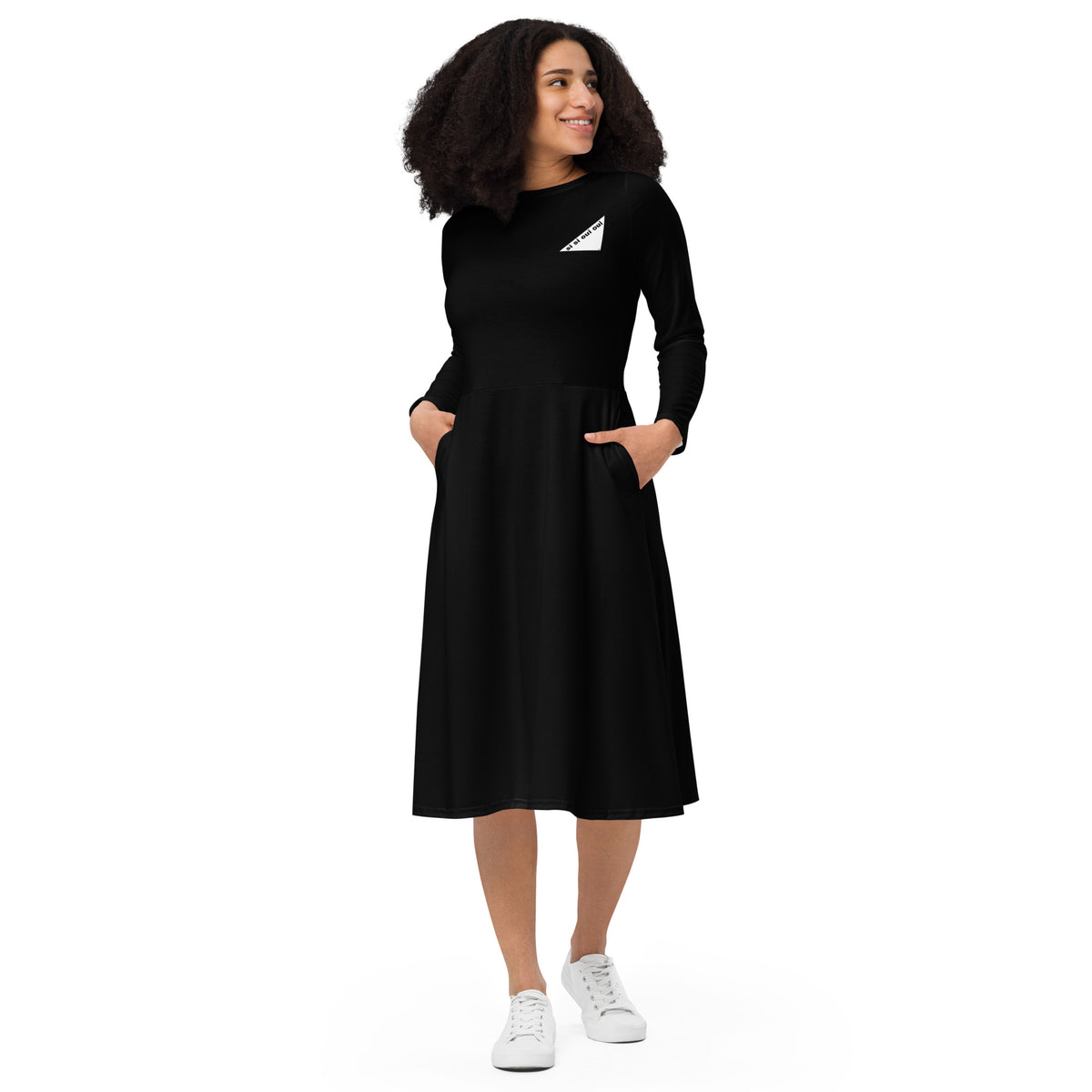 Black long sleeve midi dress - small print
