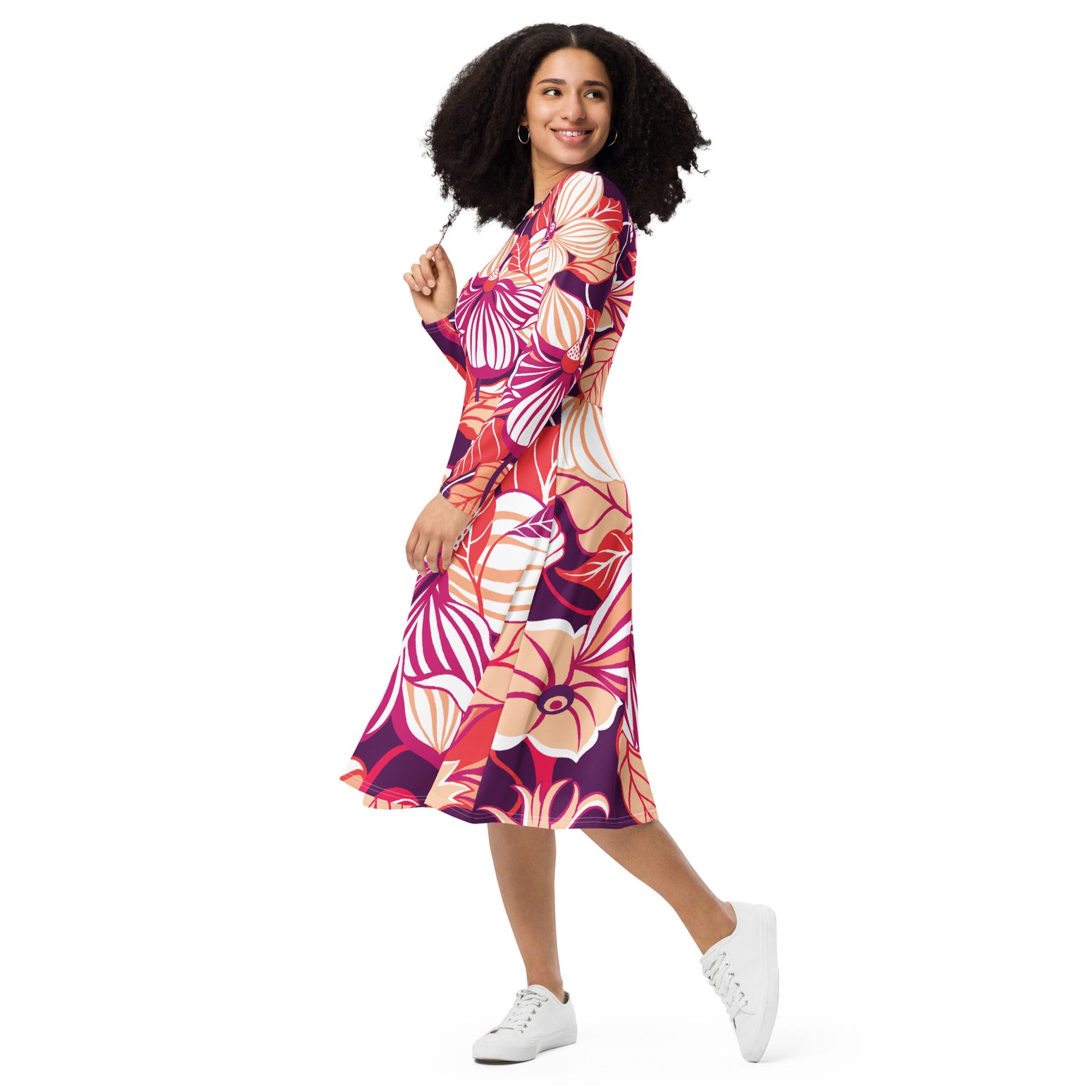 All-over print long sleeve midi dress
