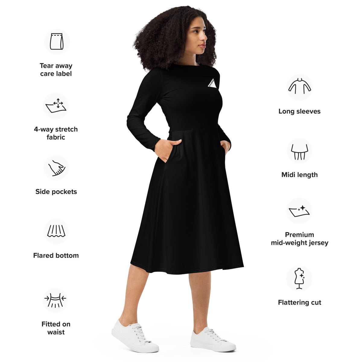 Black long sleeve midi dress - small print